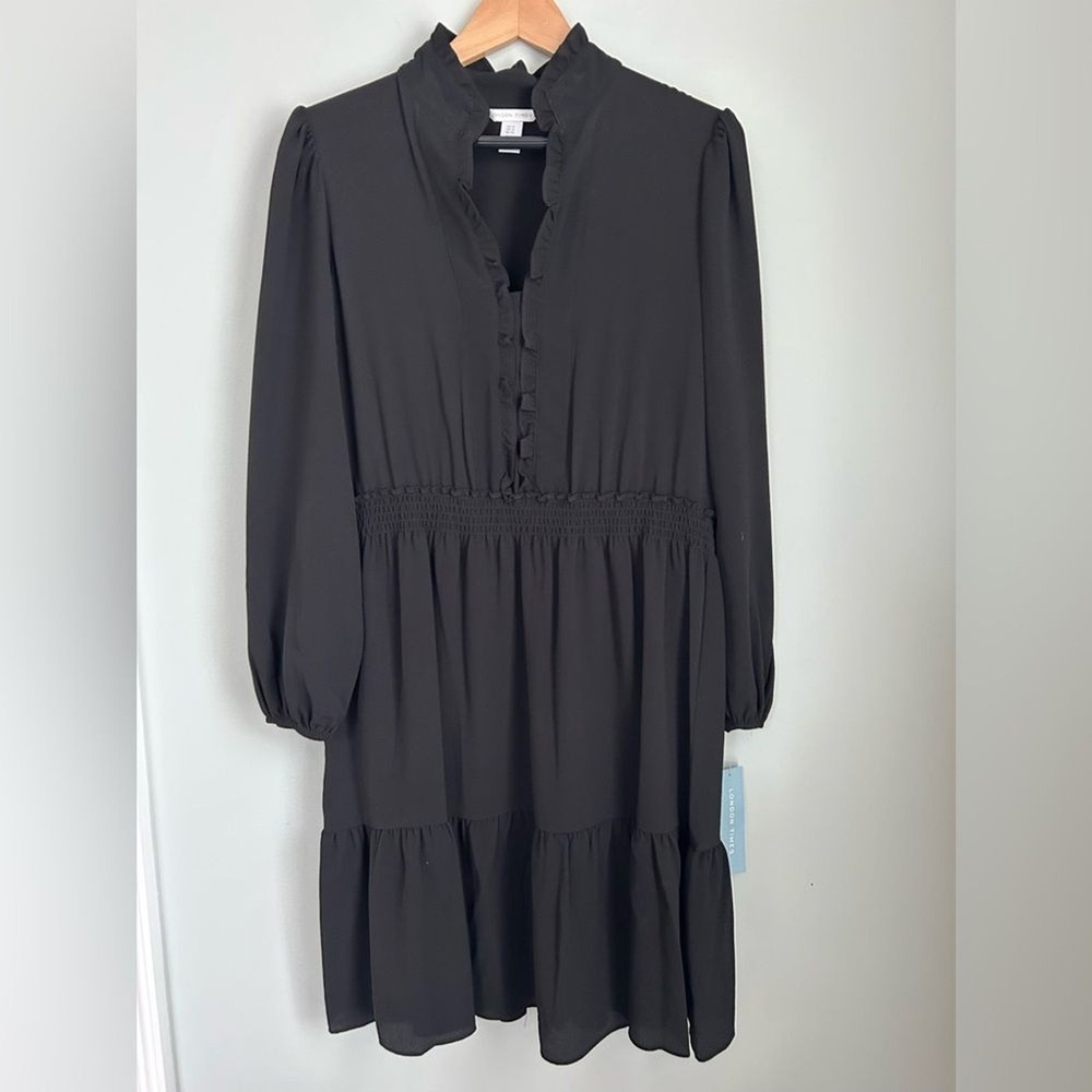 London Times Dress Black Long Ruffle Sleeve Tiered Skirt Size 14 NWT
